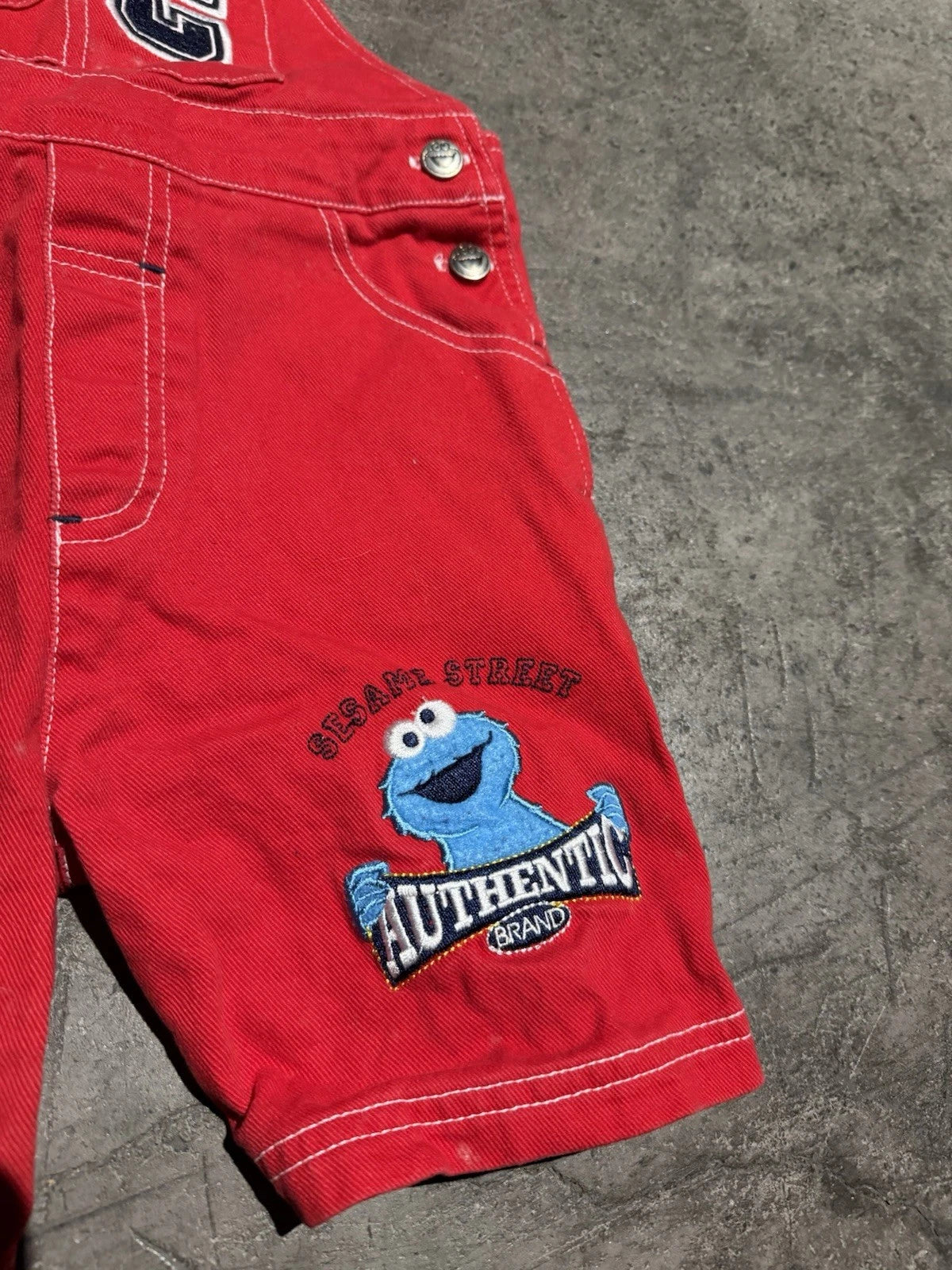Vintage 90s Y2k Sesame Street Cookie Monster Red Denim Overalls 4T Unisex