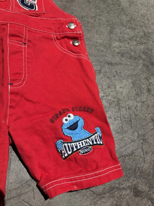 Vintage 90s Y2k Sesame Street Cookie Monster Red Denim Overalls 4T Unisex