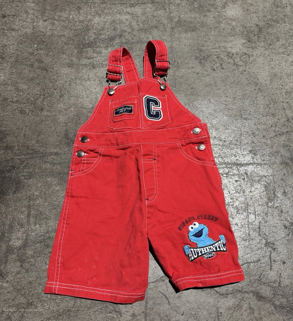 Vintage 90s Y2k Sesame Street Cookie Monster Red Denim Overalls 4T Unisex