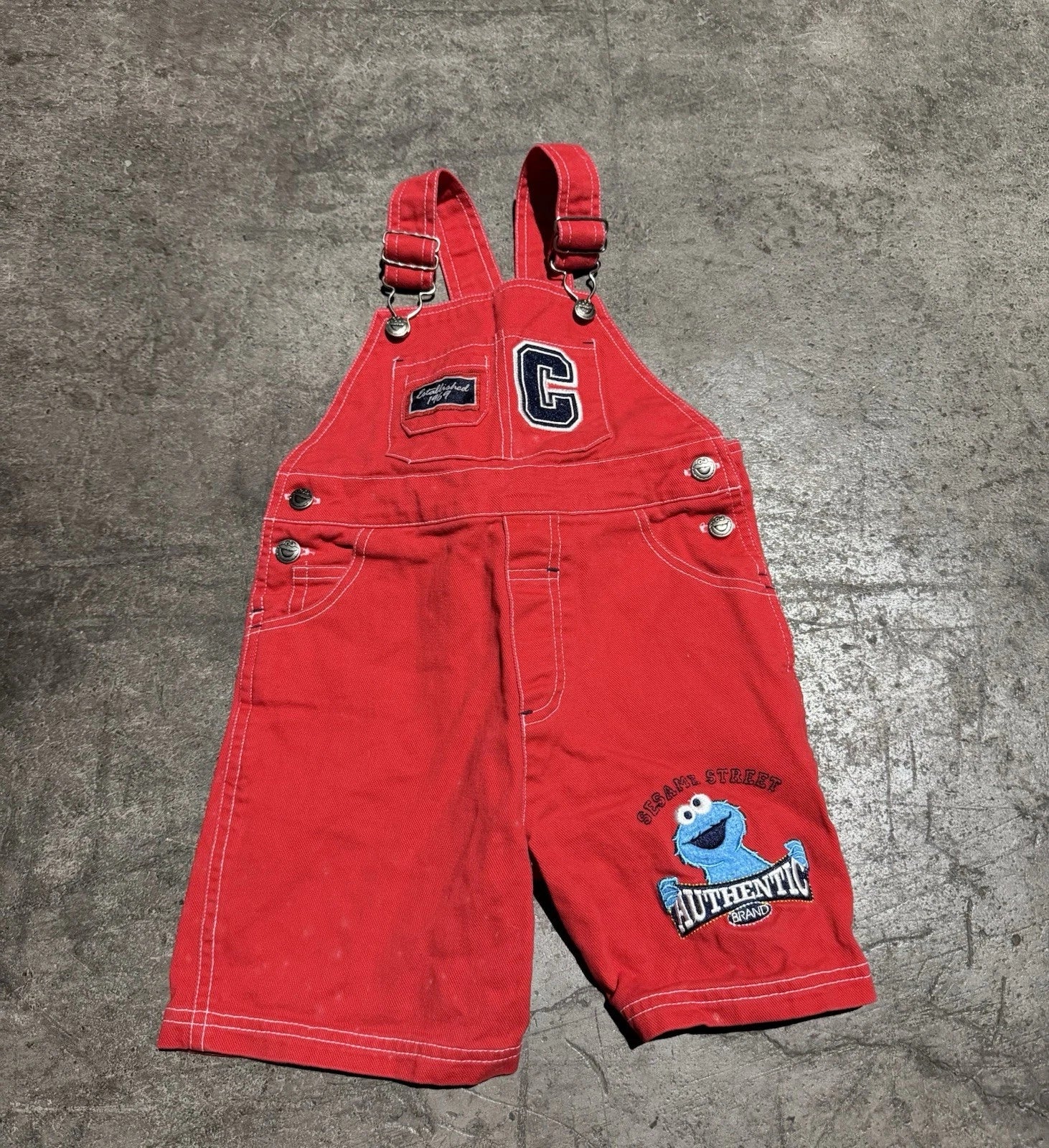 Vintage 90s Y2k Sesame Street Cookie Monster Red Denim Overalls 4T Unisex