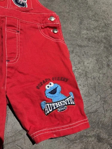 Vintage 90s Y2k Sesame Street Cookie Monster Red Denim Overalls 4T Unisex